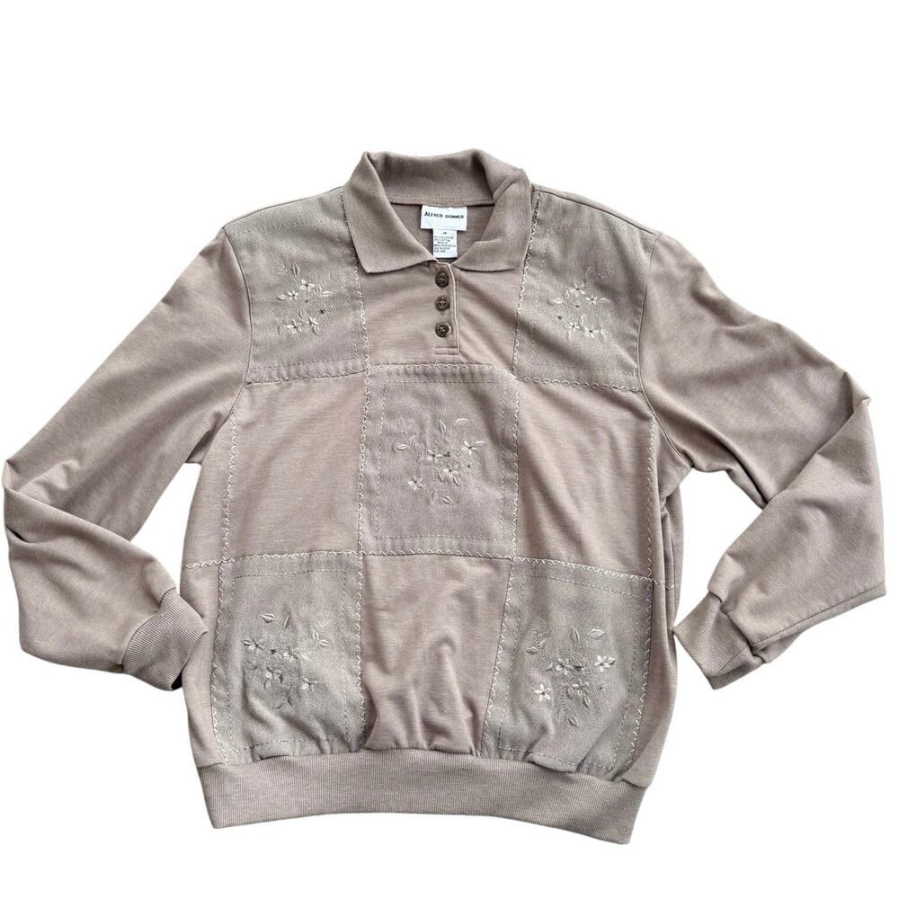 Vtg Alfred Dunner Beige Collar Shoulder Padded Sweatshirt Size M